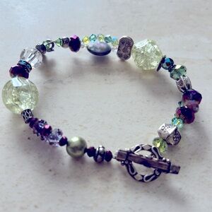 Bracelet with sterling, crystals, assorted pearls and glass.